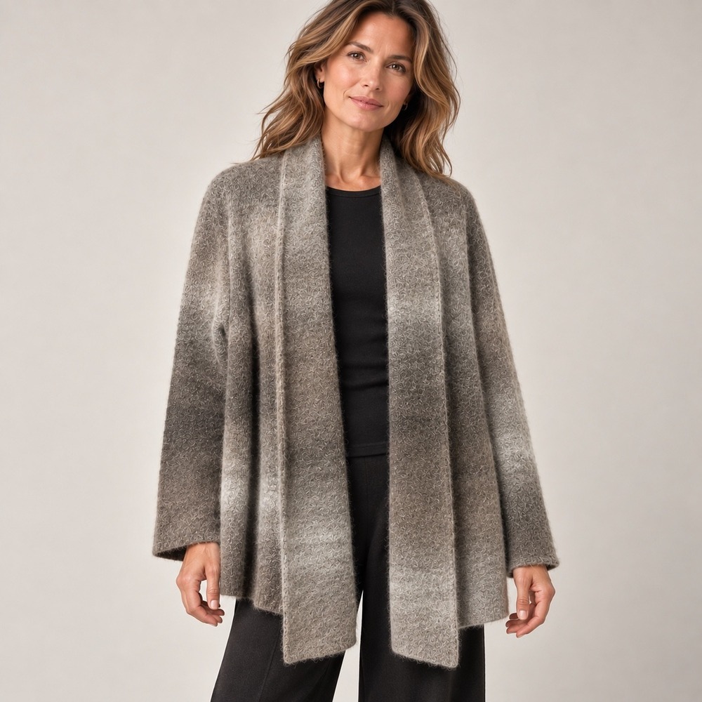 Eileen Fisher XL Mohair Ombre Open Front Cardigan Italian Gray Brown Soft Plush